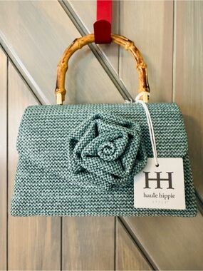 NWT Haute Hippie Woven Rose Accent Top-Handle Bag in Soft Blue